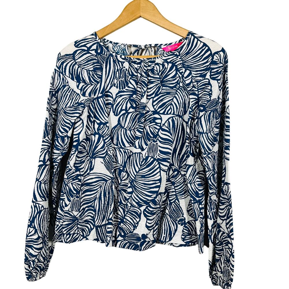 Lilly Pulitzer Floral Print Scoop Neck Blouse Top Blue White Beach Resort - XS